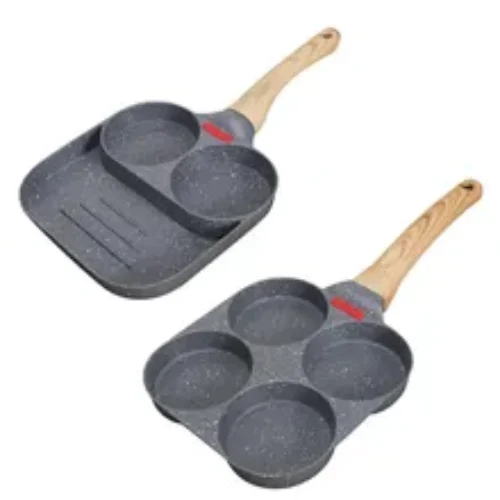 Non-stick 3 Hole/4 Hole Steak and Egg Omelette Thickened Omelet Pan with Wooden Handle Kitchenware